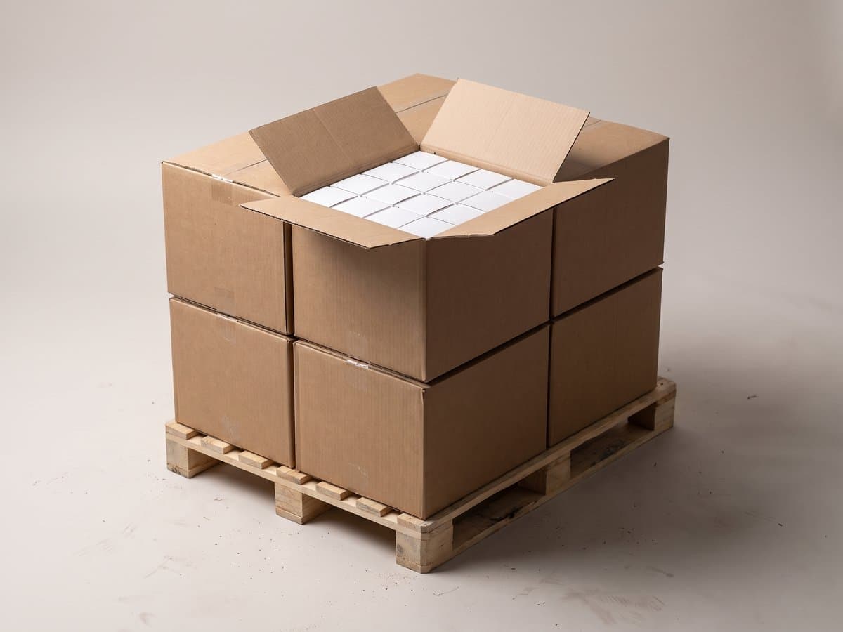 Plain brown cartons stacked on a wooden pallet, the top one open on rows of small white product boxes.