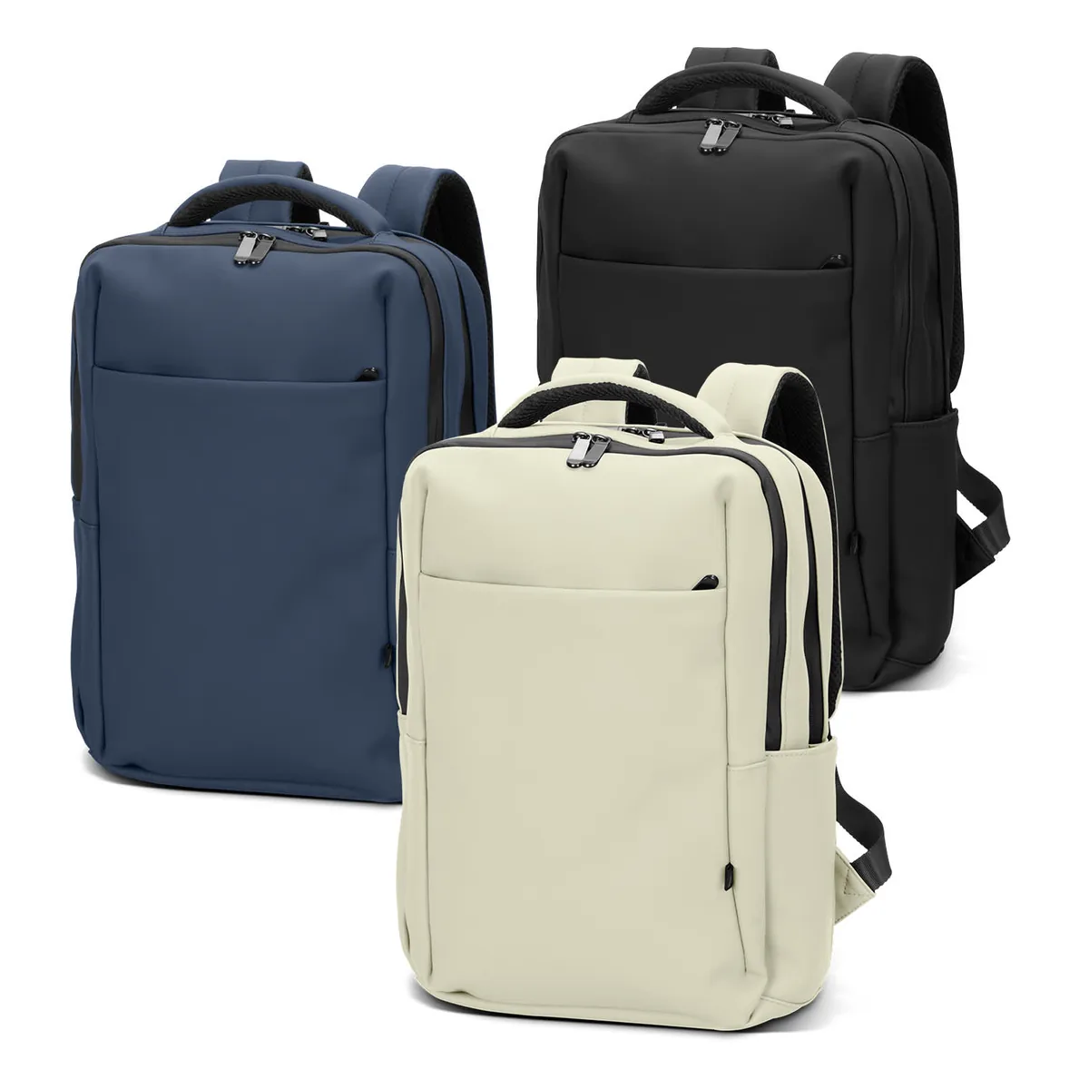 Three laptop backpacks in navy, black and cream, none of them decorated.