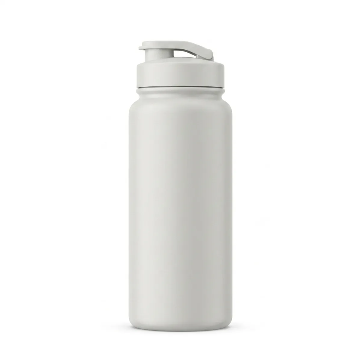 A plain sports drink bottle standing upright with a closed flip lid and no markings.