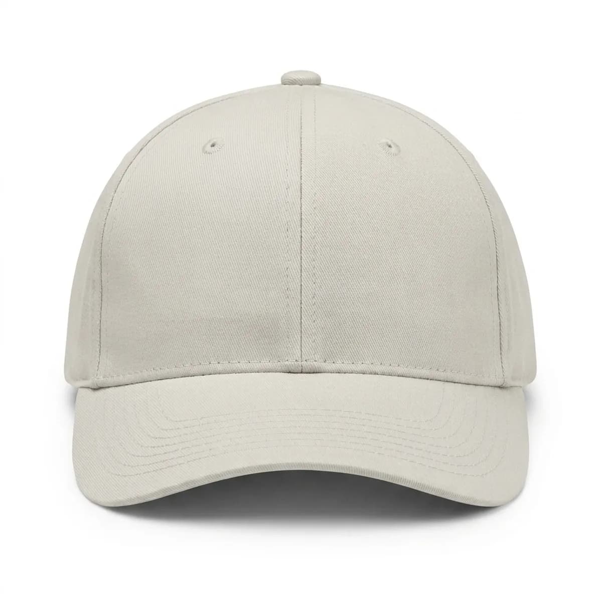 A plain six-panel baseball cap seen head-on, its front panels blank.