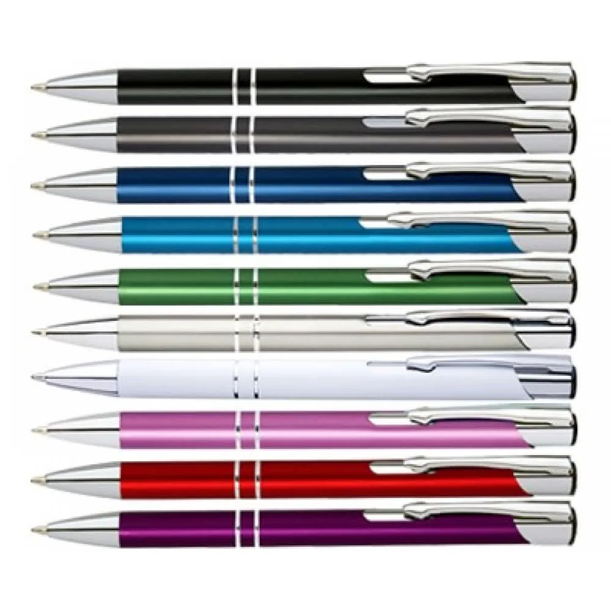 Ten metal ballpoint pens laid in a row, one in each barrel colour.