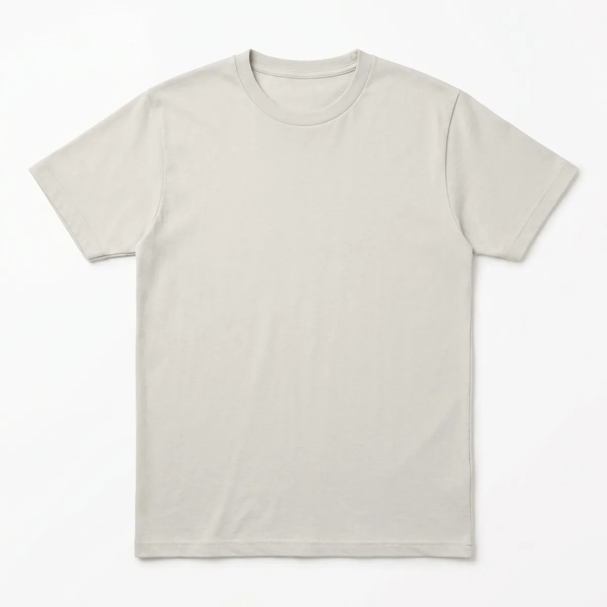 A plain crew-neck t-shirt laid flat and seen from directly above, undecorated.
