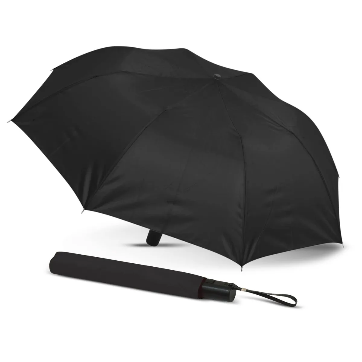 A black compact folding umbrella, open, with its closed sleeve beside it.