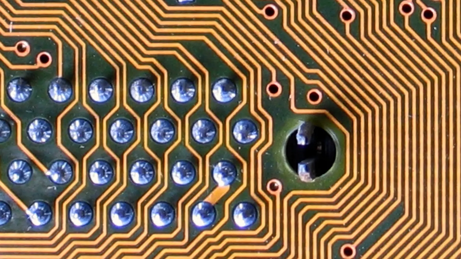 Close-up of PCB traces and solder joints