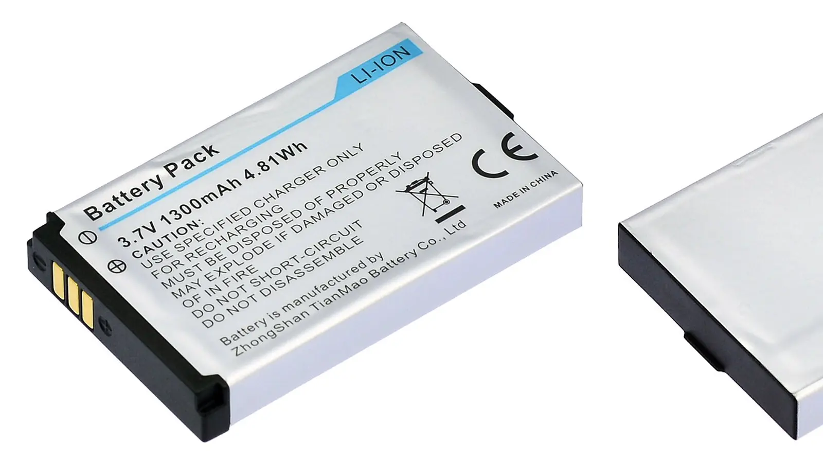 Li-ion battery pack labeled 3.7V 1300mAh 4.81Wh with capacity markings