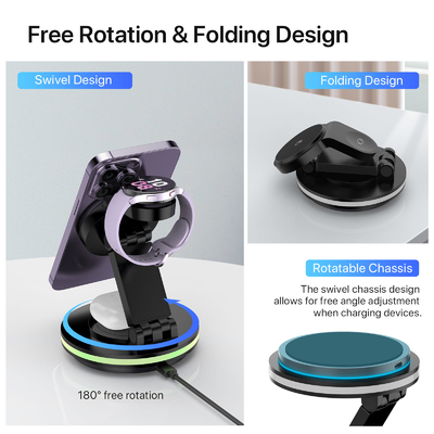 ABS PC 3 in 1 Foldable and Portable Magnetic Wireless Charger with Fast Charging